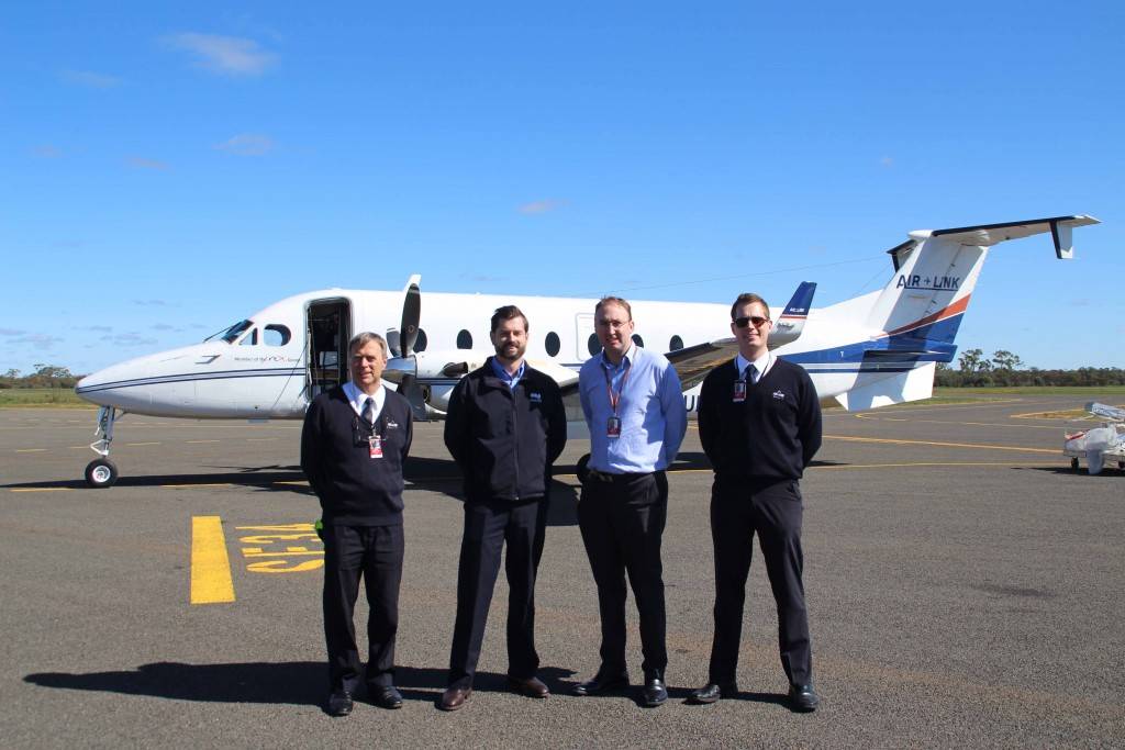 Air Link chief pilot Kirk Hazellon, CSA Mine finance manager Jason Camery, Air Link CEO David Brooksby and flight captain Tom Von Plomgren were all on hand to welcome Air Link’s maiden flight into Cobar Airport on Monday morning.