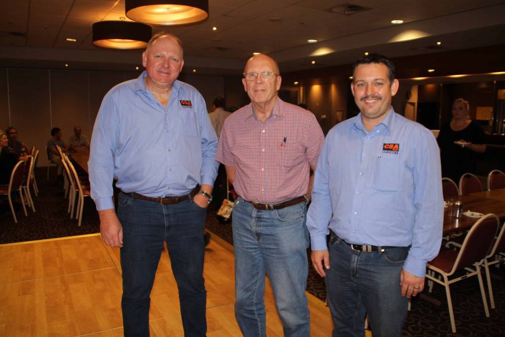 CSA Mine’s chief executive officer Deon Van Der Mescht (left) and mine manager Daniel Howard (at far right) with Cobar Shire Council’s deputy mayor Peter Abbott (centre) at CSA’s community information night at the Cobar Bowling & Golf Club last Thursday night. 
