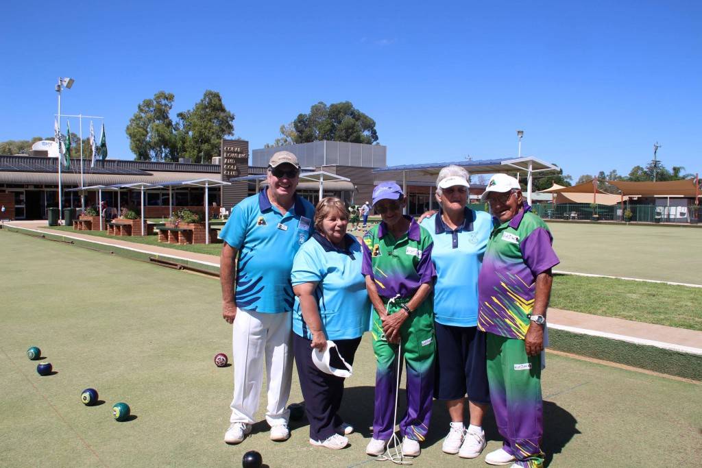 Cobar Bowling & Golf Club president Jim Goonrey on Sunday with the all female team of Sandra Zazoniuk and Margaret Good and the oldest team playing in the Copper City Pairs tournament, Walgett’s Jim Lyall (77) and Victor Murray (also 77). 