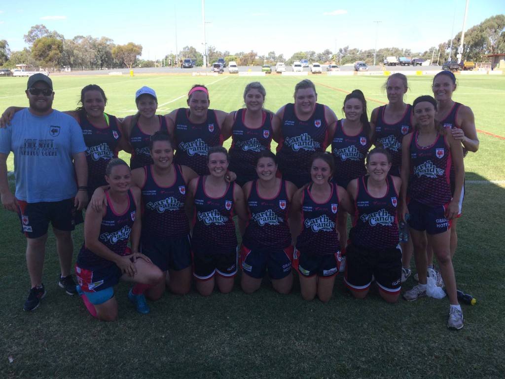 The Cobar Roosterettes (with fill-in coach Ben Trudgett) at the West Wyalong League Tag knockout competition on Saturday. ▪ Photo contributed