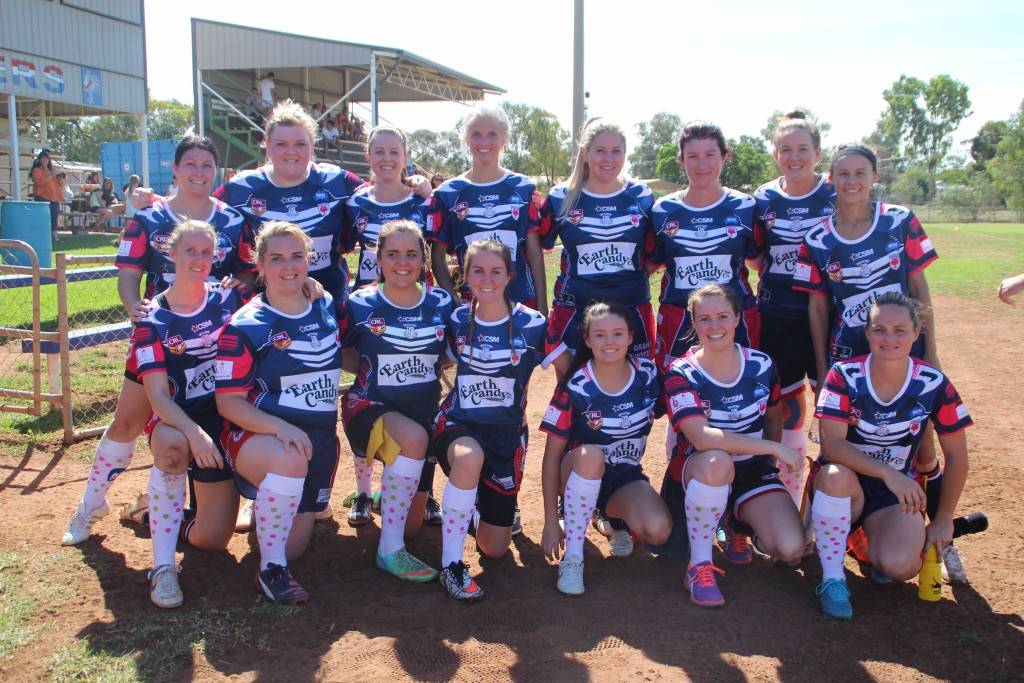 The Cobar Roosterettes women’s League Tag team after their Group 11 trial game win against Nyngan on Sunday at Tom Knight Memorial Oval. The side chose to all wear one Batyr sock to help raise awareness of youth mental issues. 