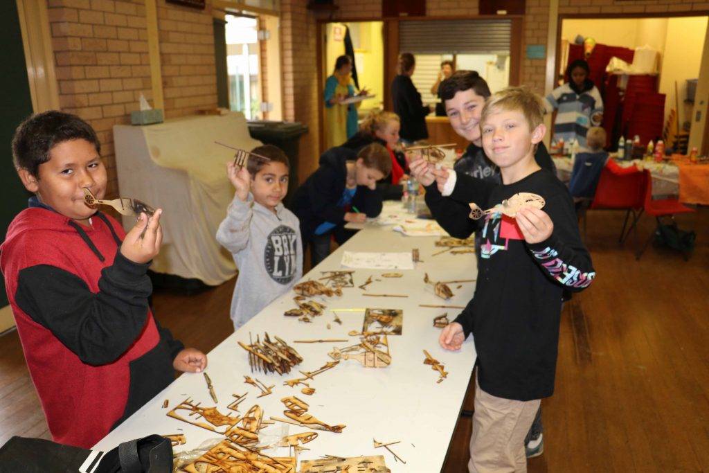 StormCo Kids Club was held on Monday with Jamal and Tim Eves, Zac Broughton and Cohen Sylvester constructing wooden vehicles on the extensive craft tables. StormCo comprises of 15 students from Avondale school on the central coast and many Cobar High School students. They have been visiting locals and running events at the Cobar Youth & Fitness Centre since Saturday. The Kids Club was a big hit with many craft and outdoor activities set up for Cobar children. StormCo will finish off their visit tonight with a State of Origin night at the Cobar Youth & Fitness Centre.  