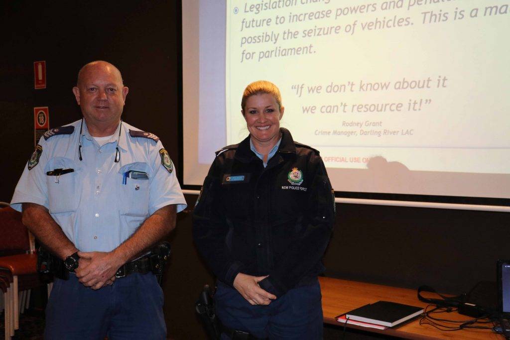 Sergeant John Bennett and Senior Constable Christie Greshner presented an update on rural crime in the Cobar district at a public meeting on Monday night at the Golfie. 