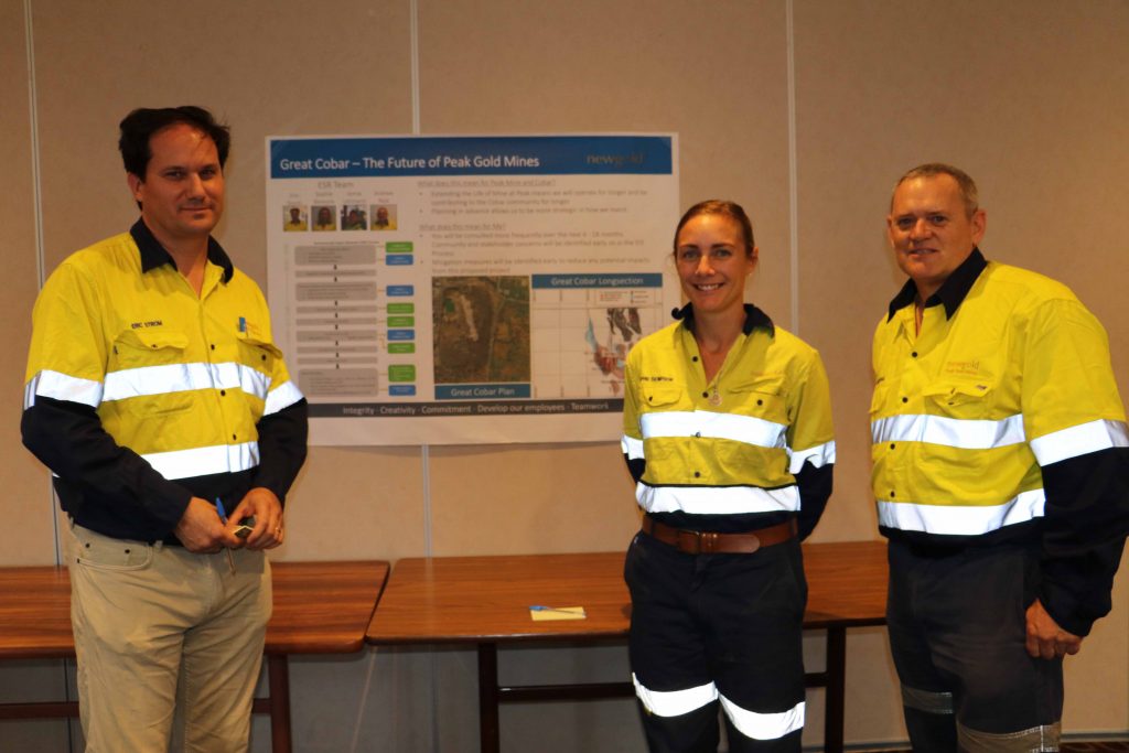 Peak Gold Mines updated the community on their achievements over the past year and outlined their plans for the coming two years at a community consultation meeting last Wednesday at the Cobar Bowling  & Golf Club. Pictured are Peak staff  members Eric Strom, Sophie Bereyne and Andrew Raal. 