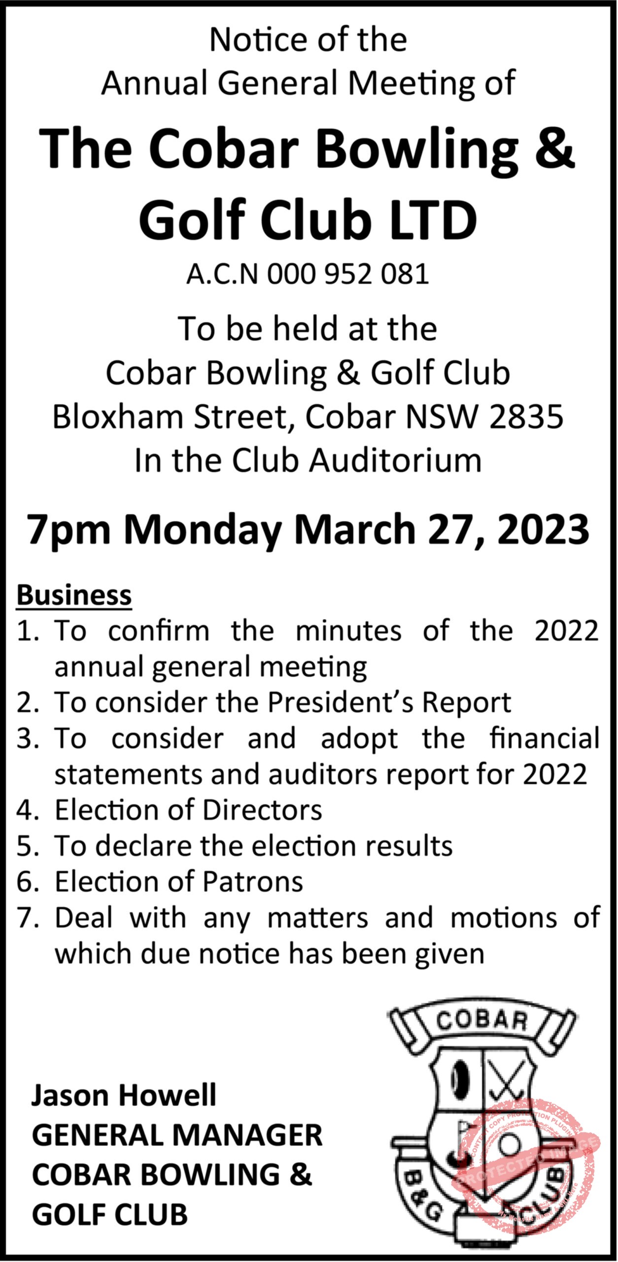 The Cobar Bowling & Golf Club AGM The Cobar Weekly