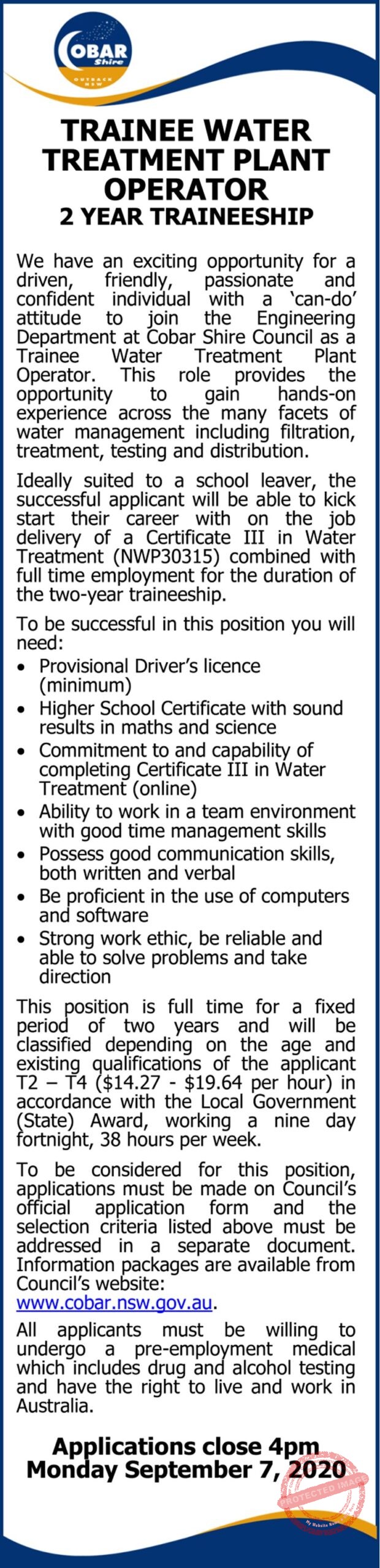 Trainee Water Treatment Plant Operator The Cobar Weekly