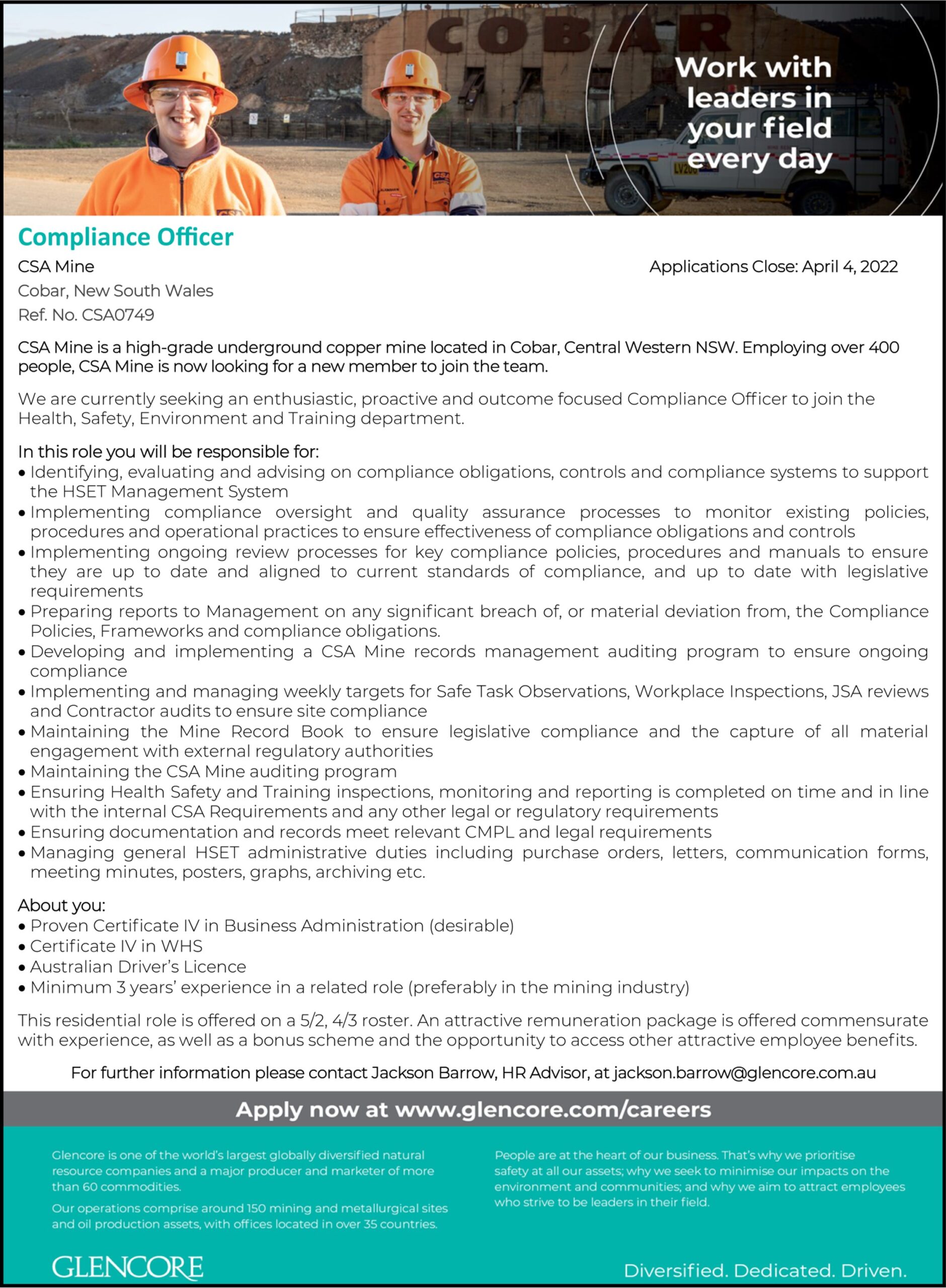 Compliance Officer – CSA Mine (Glencore) – The Cobar Weekly