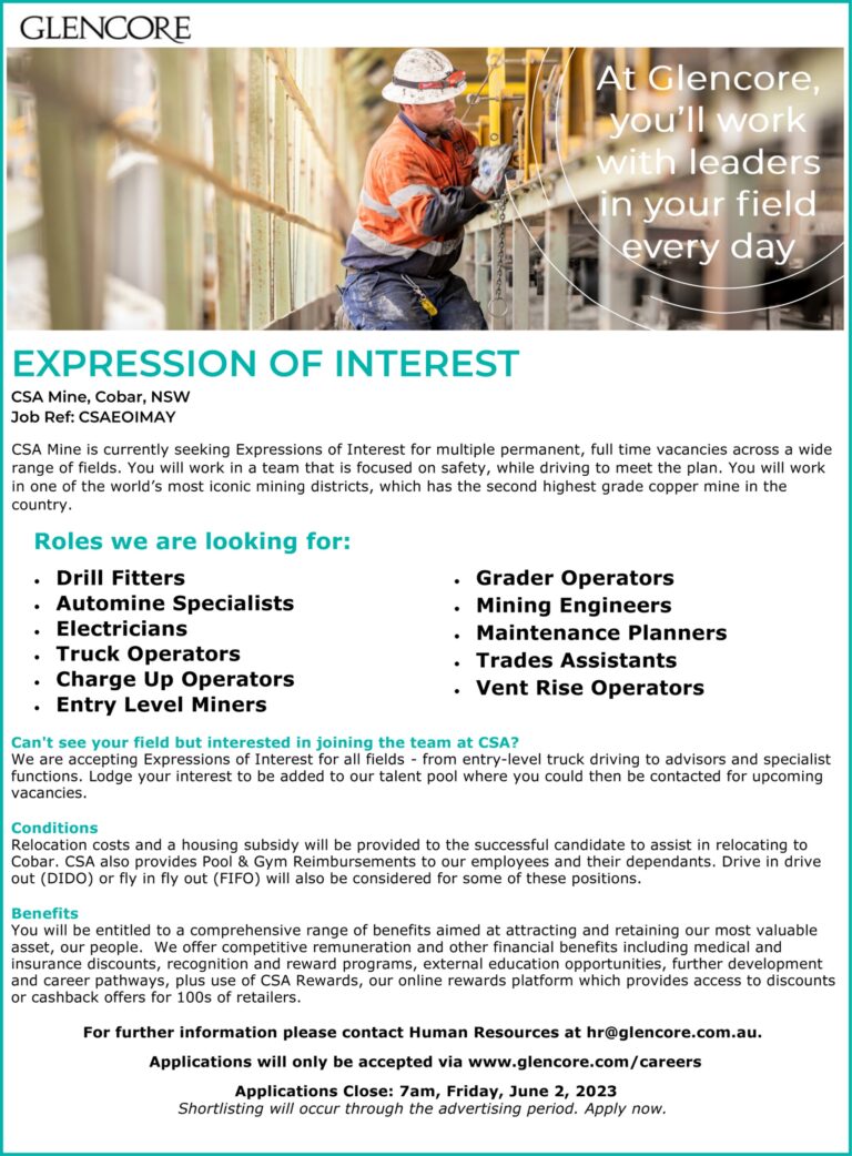 Glencore – EOI Various Roles – The Cobar Weekly