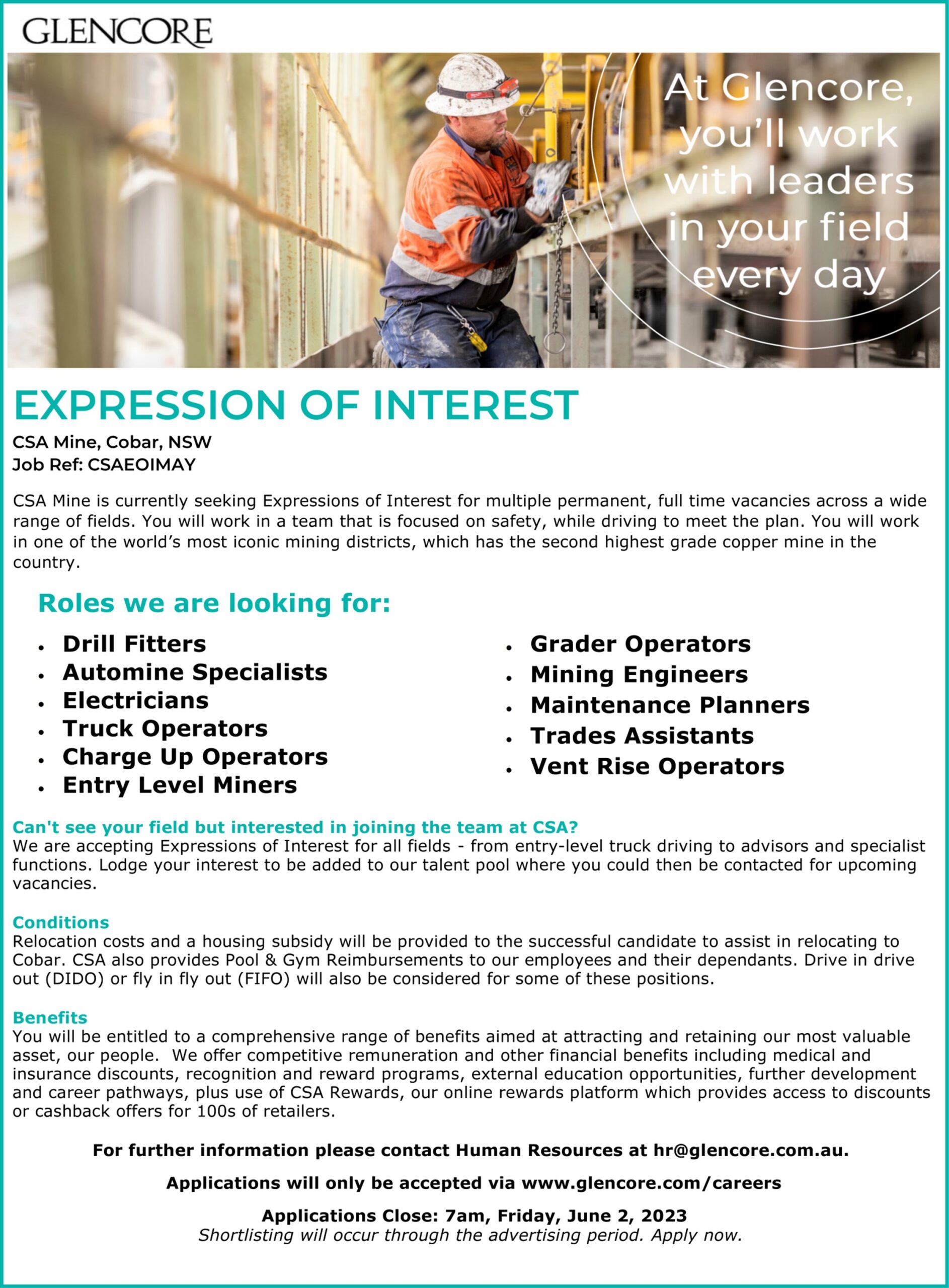 Glencore – EOI Various Roles – The Cobar Weekly